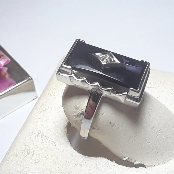 Vintage Rectagular Fancy Top Onyx with Natural Diamond 10Kt White Gold Ring16031 - Picture 2 of 5